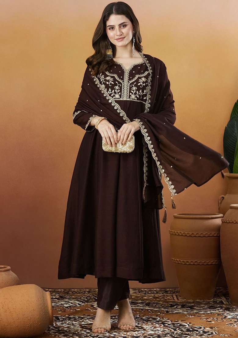 Brown Embroidery Silk Kurta Set - Indya