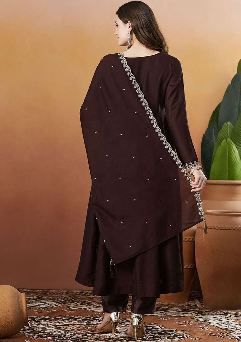 Brown Embroidery Silk Kurta Set - Indya