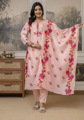 Peach Embroidery Cotton Kurta Set