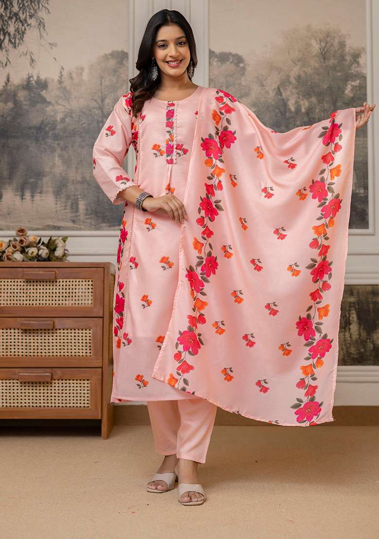 Peach Embroidery Cotton Kurta Set - Indya