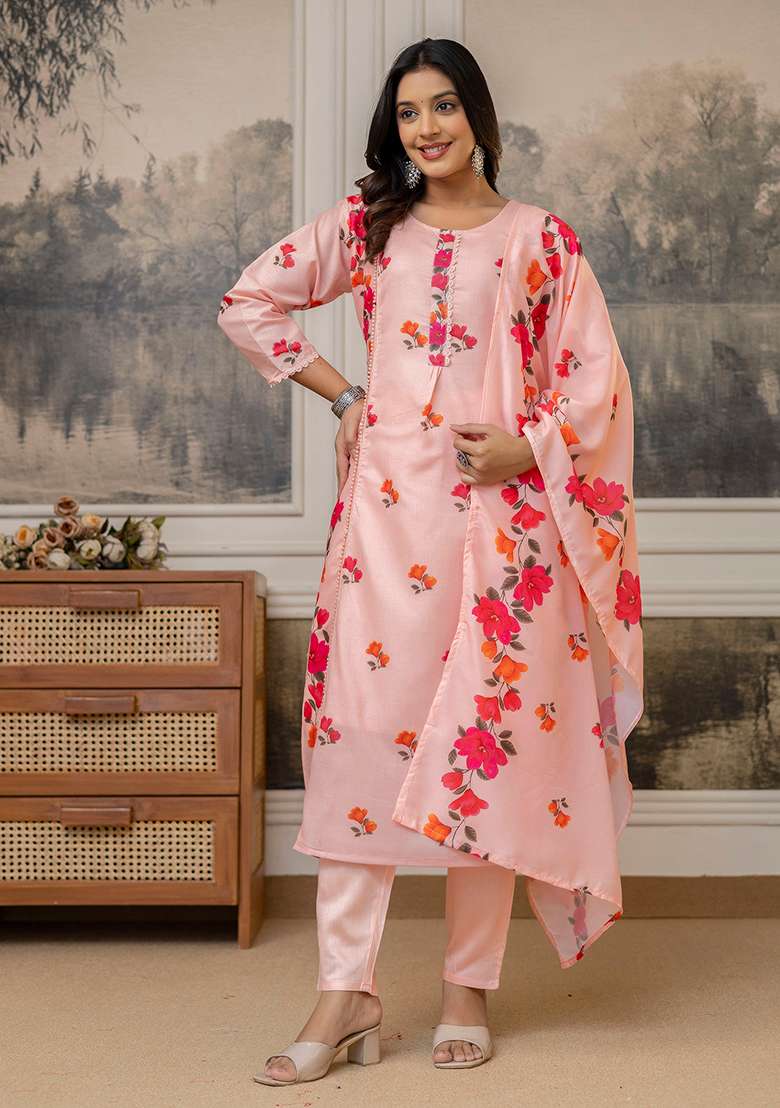 Peach Embroidery Cotton Kurta Set - Indya