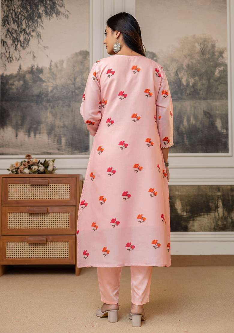 Peach Embroidery Cotton Kurta Set - Indya