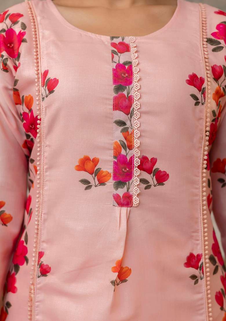 Peach Embroidery Cotton Kurta Set - Indya