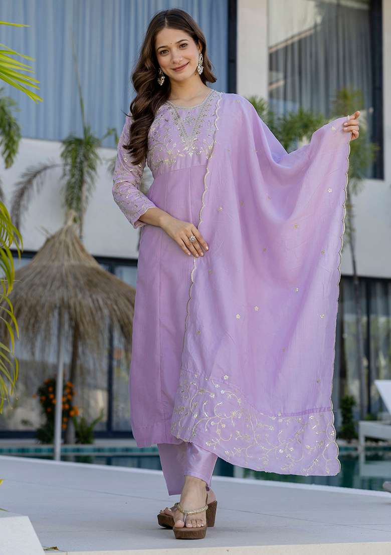 Lavender Embroidery Chanderi Kurta Set - Indya