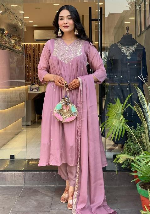 Peach Embroidery Chiffon Kurta Set