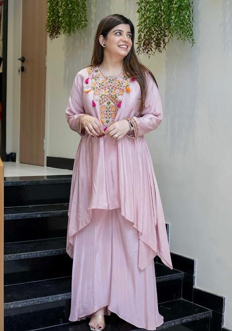 Peach Embroidery Crepe Kurta Set