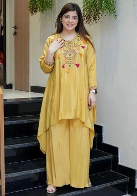Yellow Embroidery Crepe Kurta Set