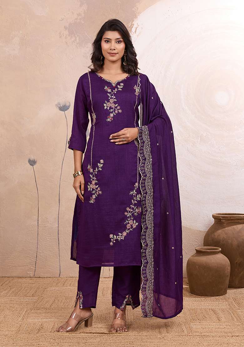 Purple Embroidery Silk Kurta Set - Indya