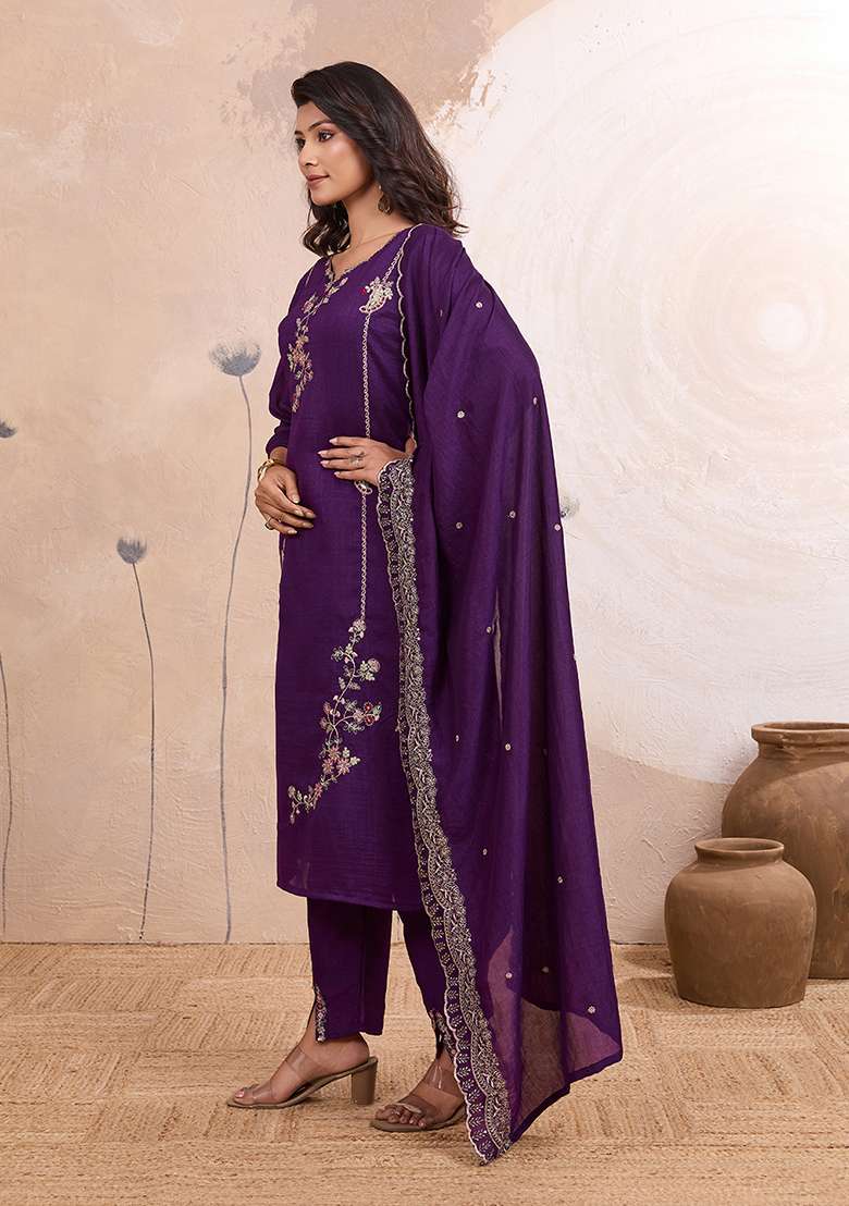 Purple Embroidery Silk Kurta Set - Indya