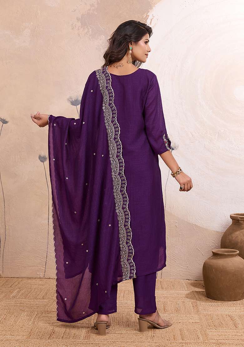 Purple Embroidery Silk Kurta Set - Indya