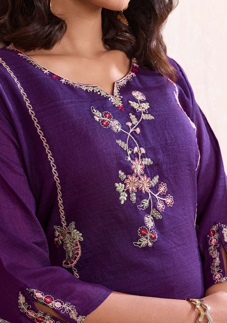 Purple Embroidery Silk Kurta Set - Indya
