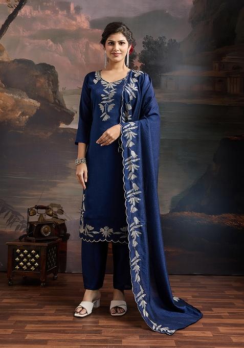 Blue Embroidery Silk Kurta Set