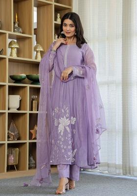 Violet Embroidery Chanderi Kurta Set
