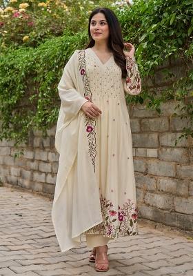 Cream Embroidery Chanderi Kurta Set