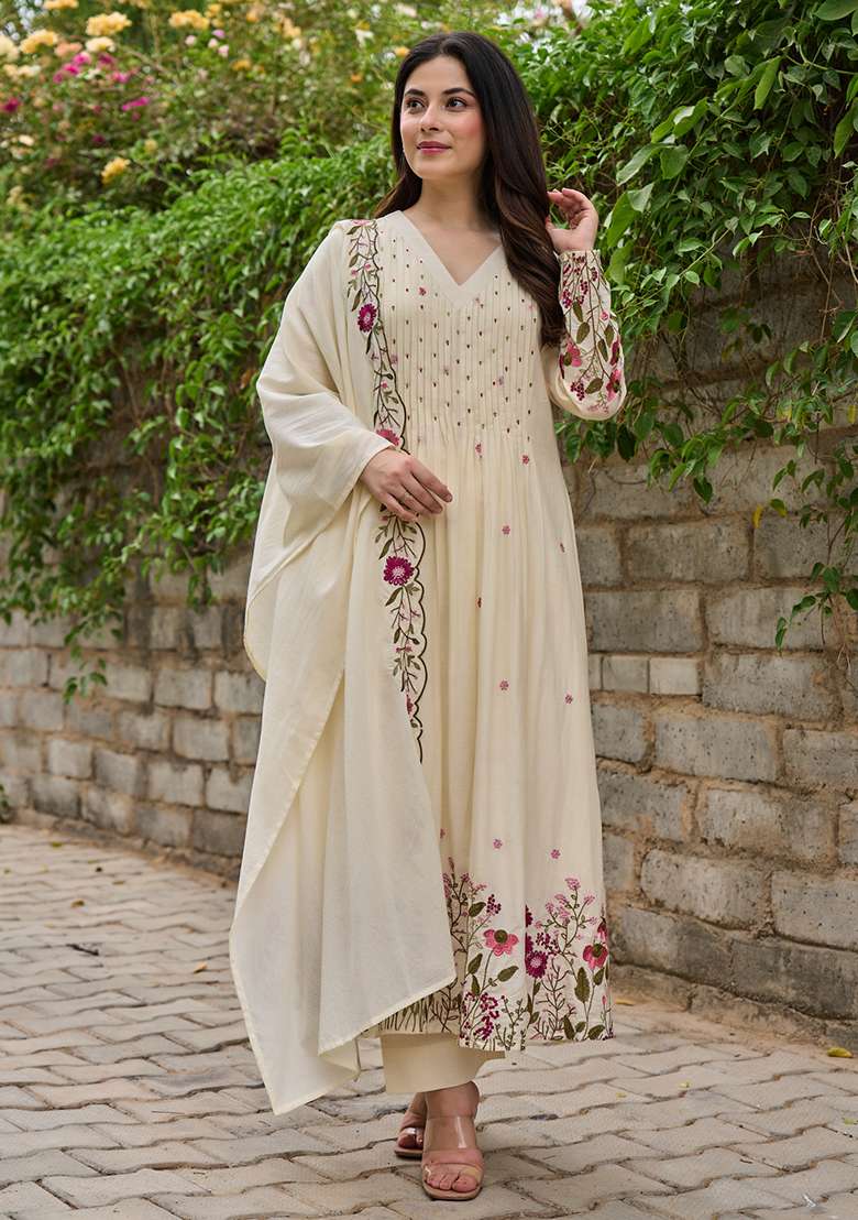 Cream Embroidery Chanderi Kurta Set - Indya