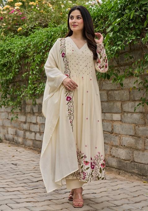 Cream Embroidery Chanderi Kurta Set
