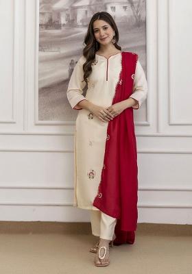 Cream Embroidery Chanderi Kurta Set