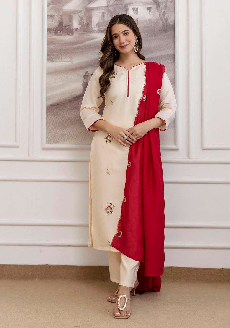 Cream Embroidery Chanderi Kurta Set - Indya