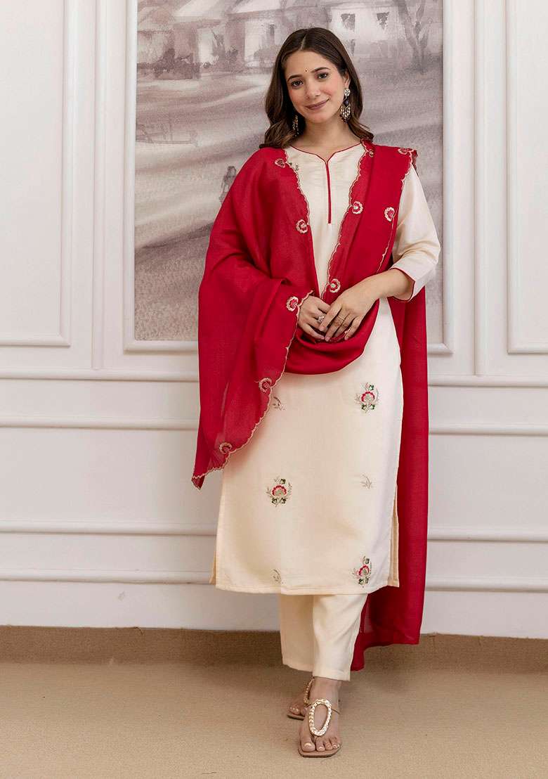 Cream Embroidery Chanderi Kurta Set - Indya