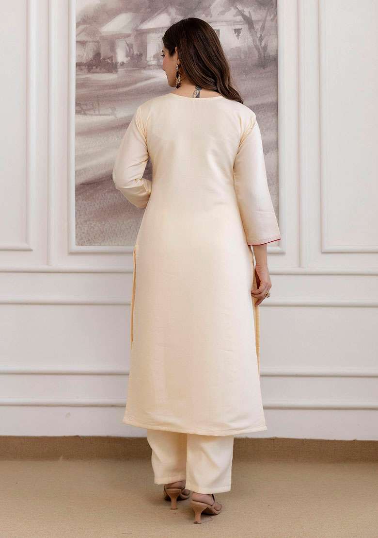 Cream Embroidery Chanderi Kurta Set - Indya