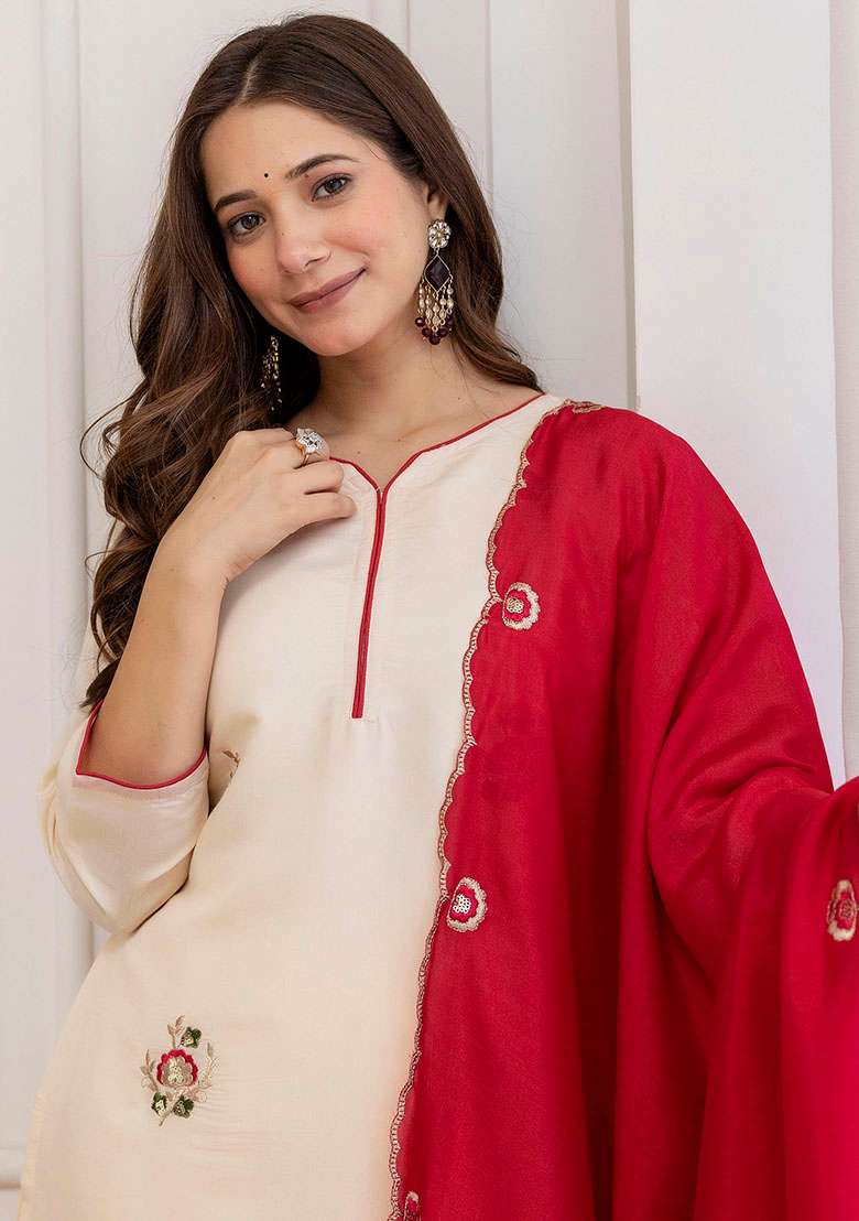 Cream Embroidery Chanderi Kurta Set - Indya