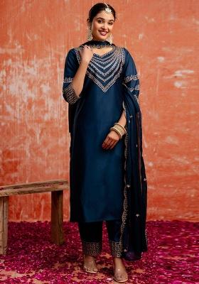 Blue Embroidery Chanderi Kurta Set