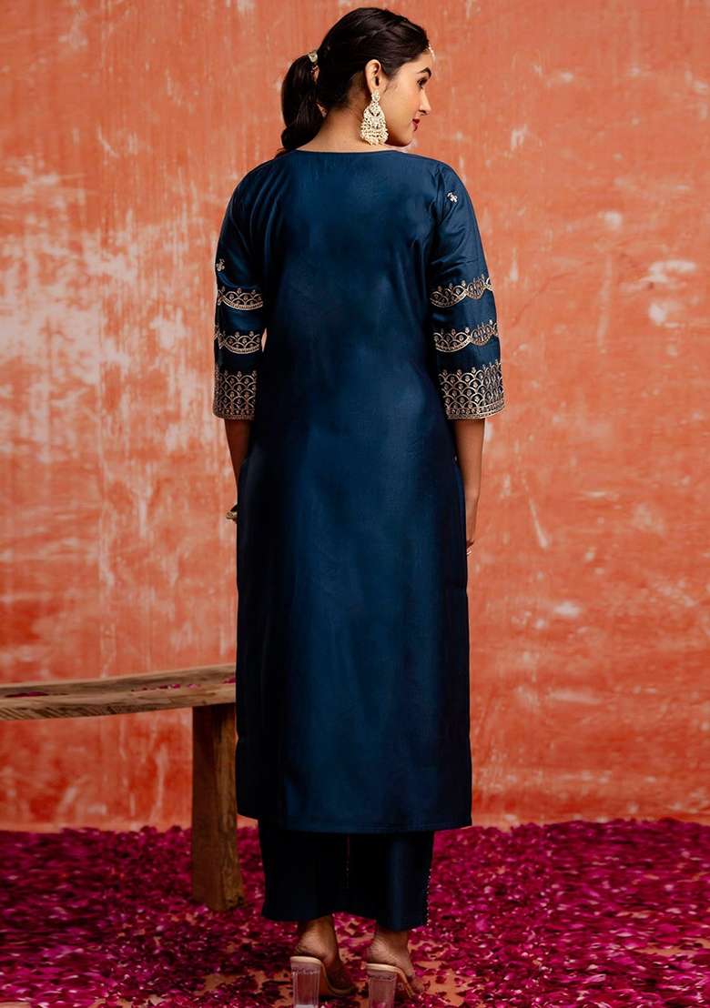 Blue Embroidery Chanderi Kurta Set - Indya