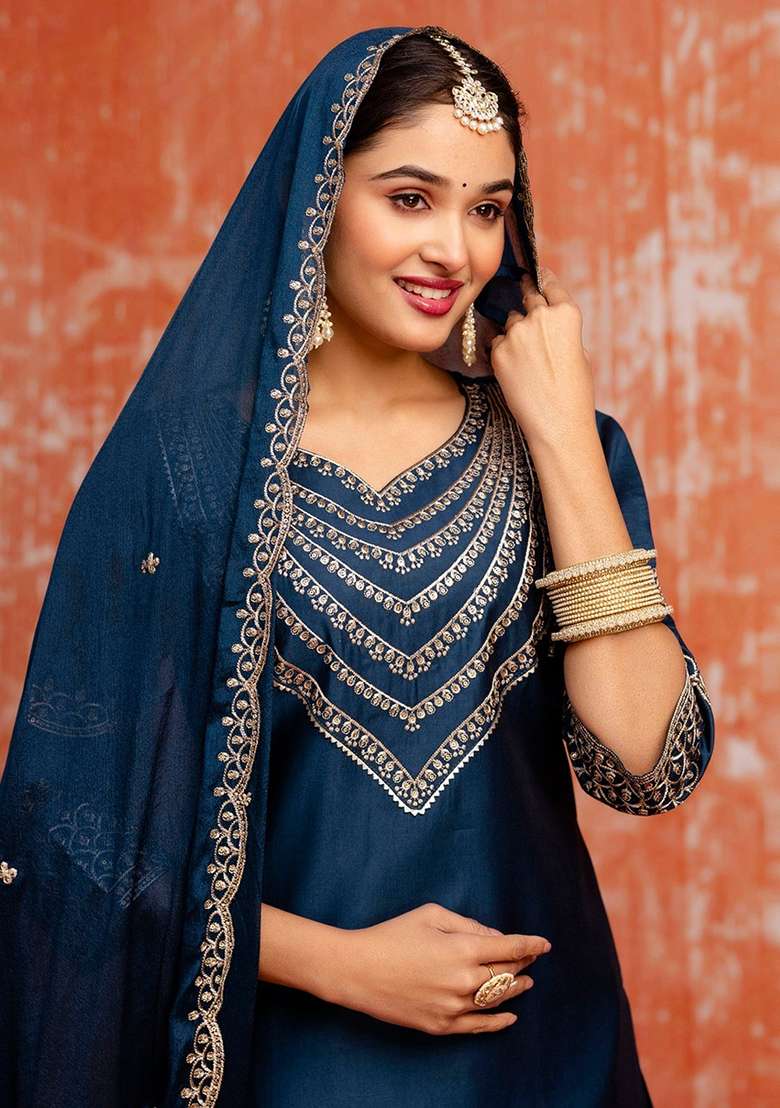 Blue Embroidery Chanderi Kurta Set - Indya