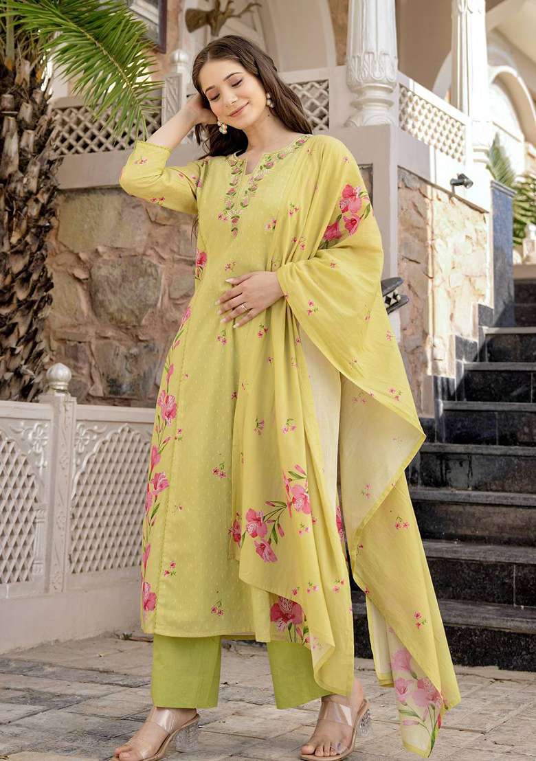 Yellow Embroidery Chanderi Kurta Set - Indya