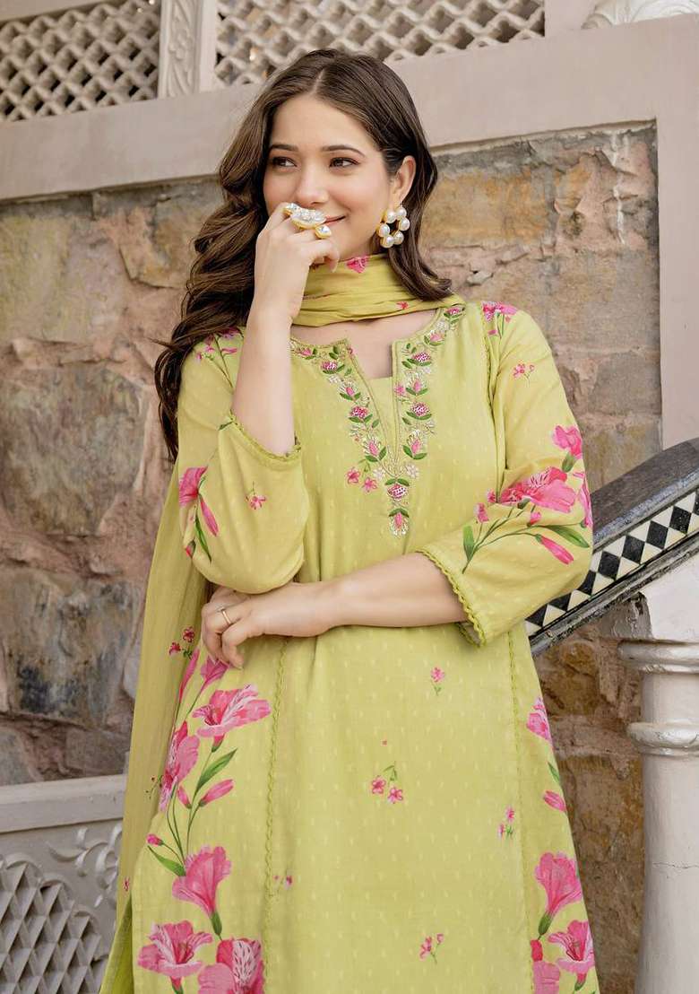 Yellow Embroidery Chanderi Kurta Set - Indya