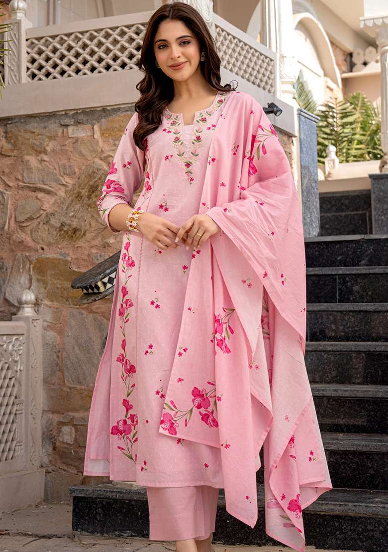 Pink Embroidery Chanderi Kurta Set - Indya