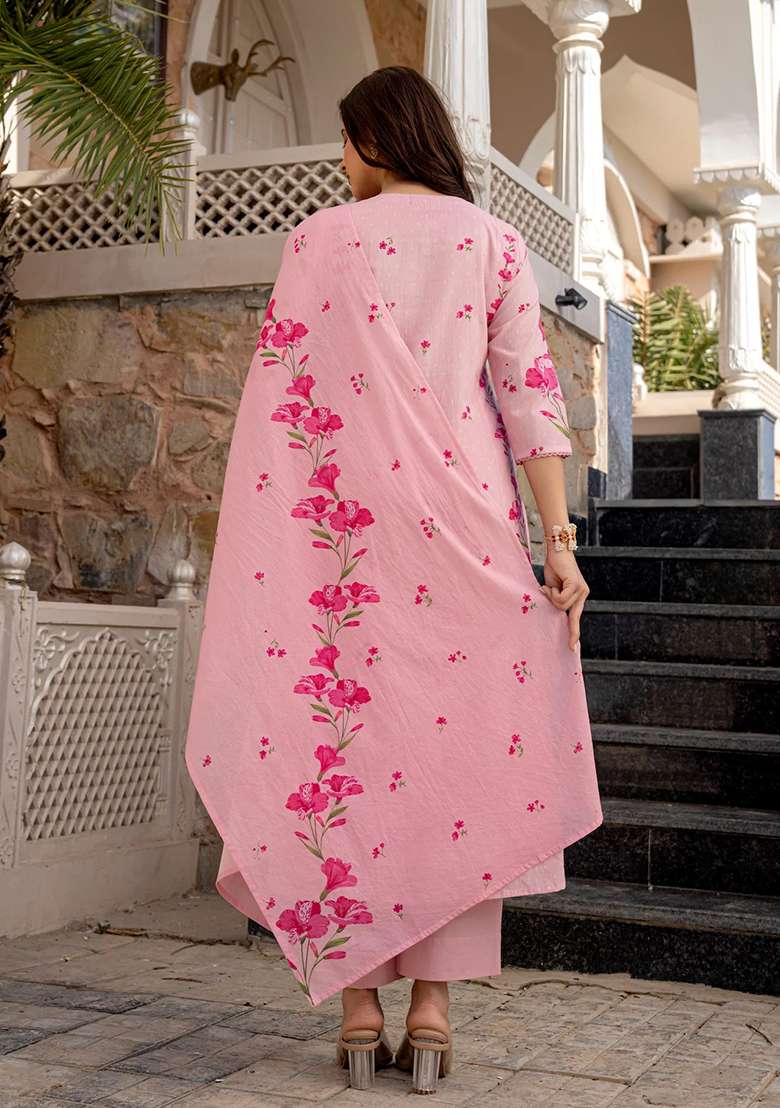 Pink Embroidery Chanderi Kurta Set - Indya