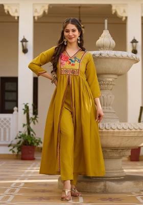 Mustard Embroidery Silk Kurta Set