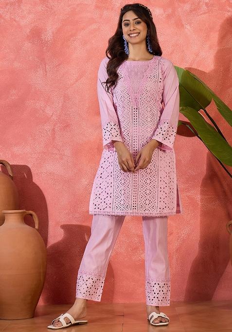 Pink Embroidery Cotton Co Ord Set