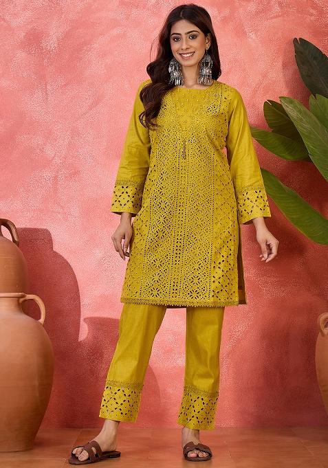 Mustard Embroidery Cotton Co Ord Set