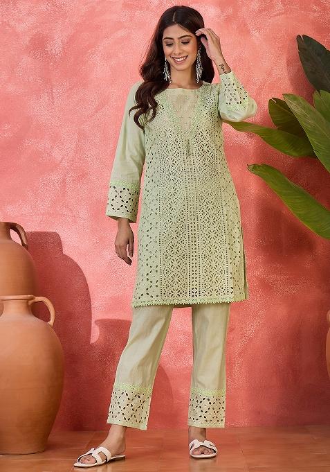 Green Embroidery Cotton Co Ord Set