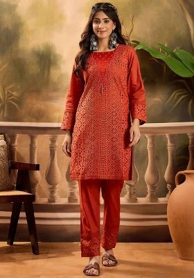 Rust Embroidery Cotton Co Ord Set
