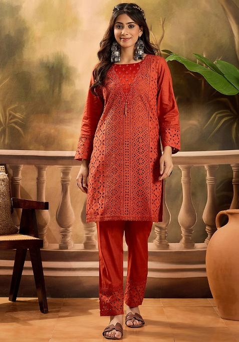Rust Embroidery Cotton Co Ord Set