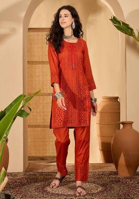 Rust Embroidery Cotton Co Ord Set