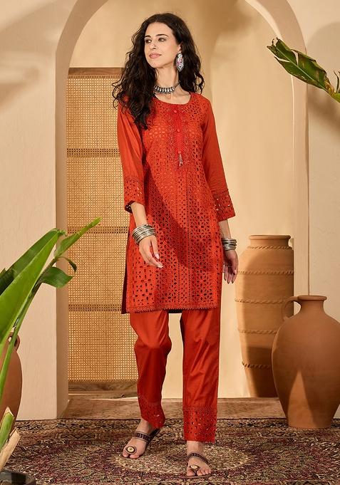 Rust Embroidery Cotton Co Ord Set