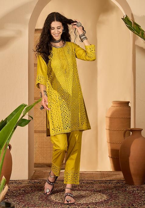 Mustard Embroidery Cotton Co Ord Set