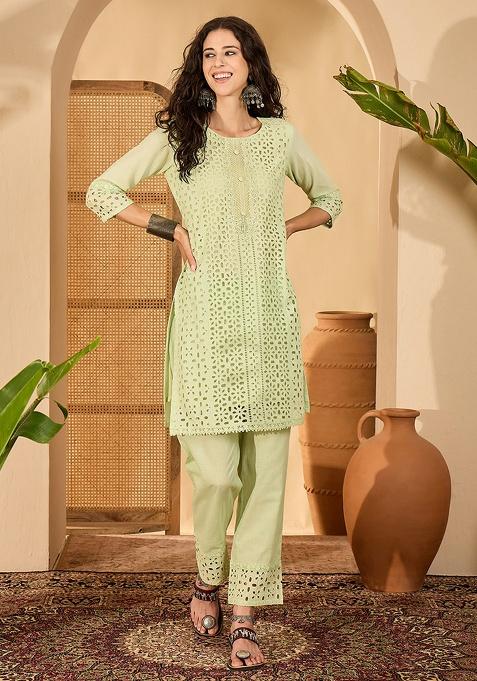 Green Embroidery Cotton Co Ord Set