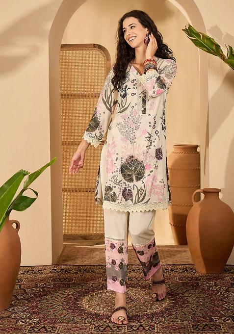 Off White Printed Cotton Co Ord Set