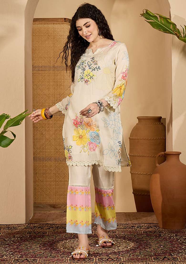Cream Printed Cotton Co Ord Set - Indya
