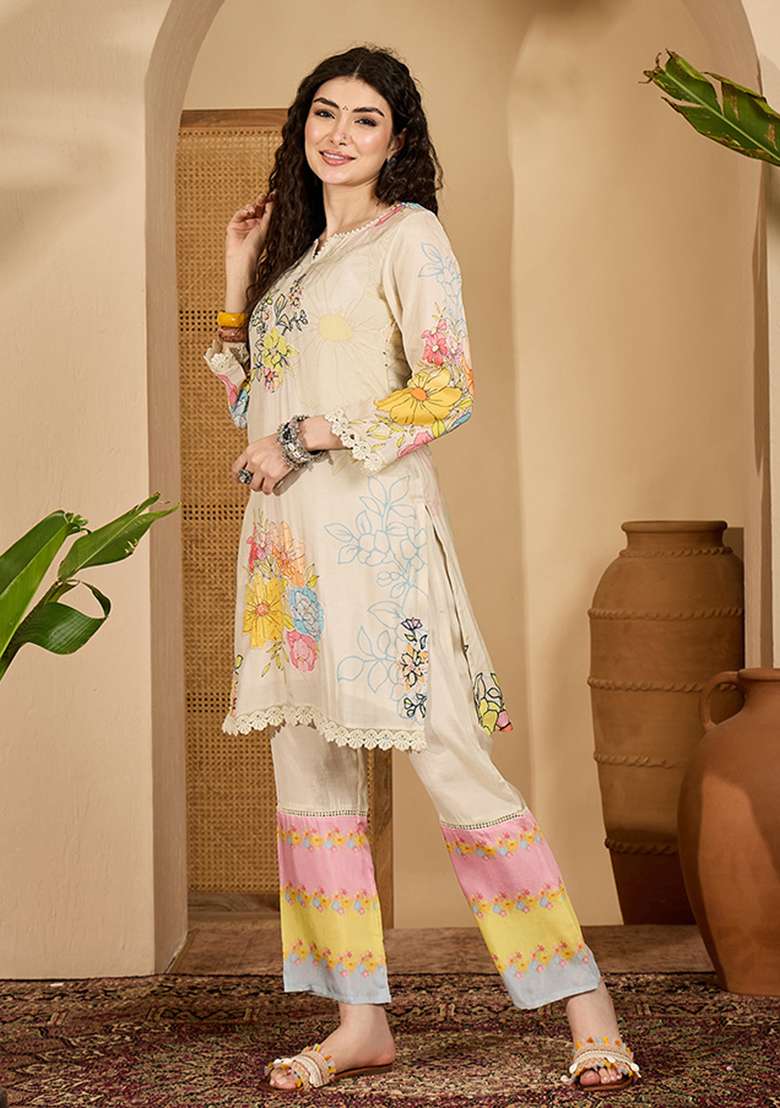 Cream Printed Cotton Co Ord Set - Indya