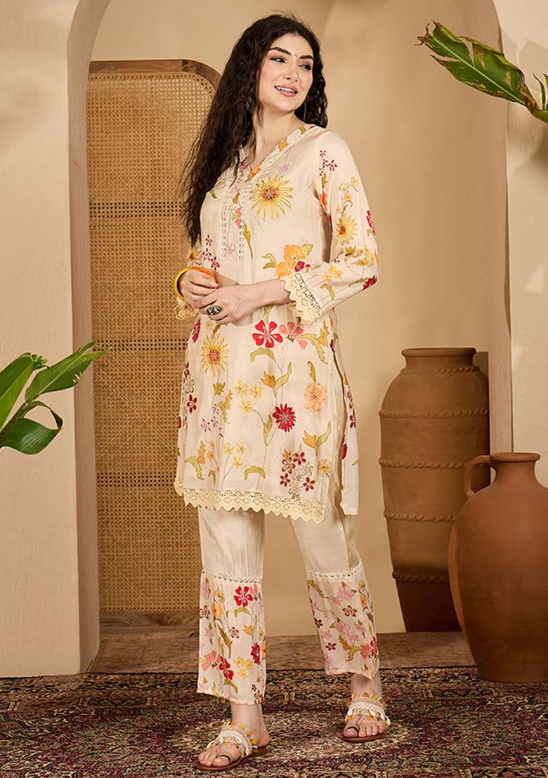 Cream Printed Cotton Co Ord Set - Indya