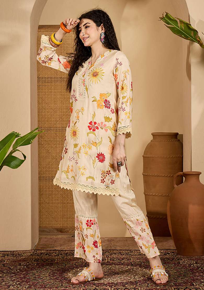 Cream Printed Cotton Co Ord Set - Indya