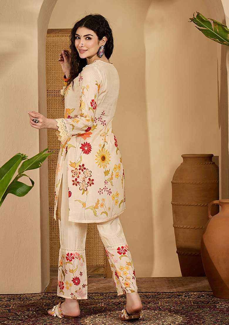 Cream Printed Cotton Co Ord Set - Indya