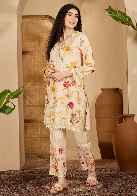 Cream Printed Cotton Co Ord Set