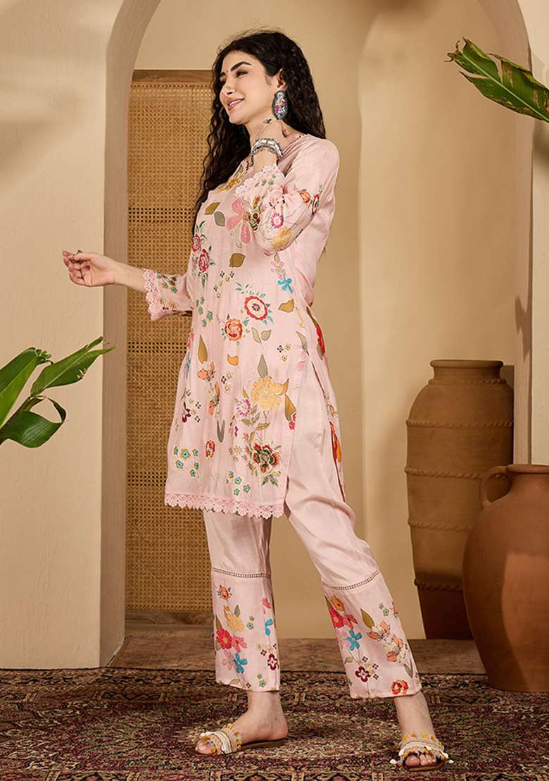 Pink Printed Cotton Co Ord Set - Indya